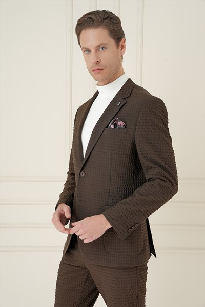 Slim Fit Torba Cep Esnek Pamuklu Gofre Kumaş Kakao Ceket C 695