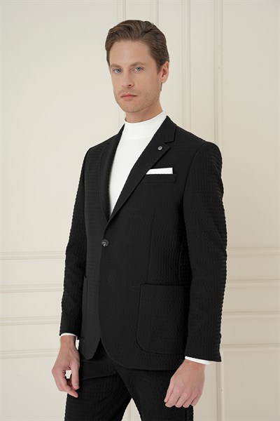 Slim Fit Torba Cep Esnek Pamuklu Gofre Kumaş Siyah Ceket C 695