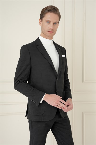 Slim Fit Torba Cep Esnek Pamuklu Gofre Kumaş Siyah Ceket C 695
