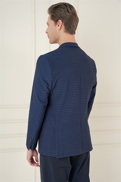 Slim Fit Torba Cep Esnek Pamuklu Gofre Kumaş Lacivert Ceket C 695