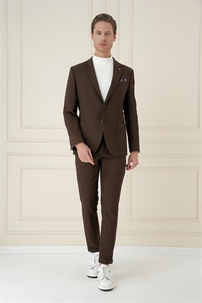 Slim Fit Torba Cep Esnek Pamuklu Gofre Kumaş Kakao Ceket C 695