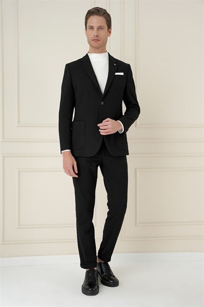 Slim Fit Torba Cep Esnek Pamuklu Gofre Kumaş Siyah Ceket C 695