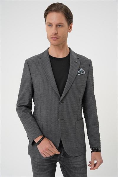 Slim Fit Torba Cep Esnek Pamuklu Gofre Kumaş Antrasit Ceket C 695