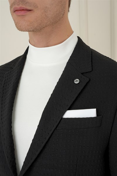 Slim Fit Torba Cep Esnek Pamuklu Gofre Kumaş Siyah Ceket C 695