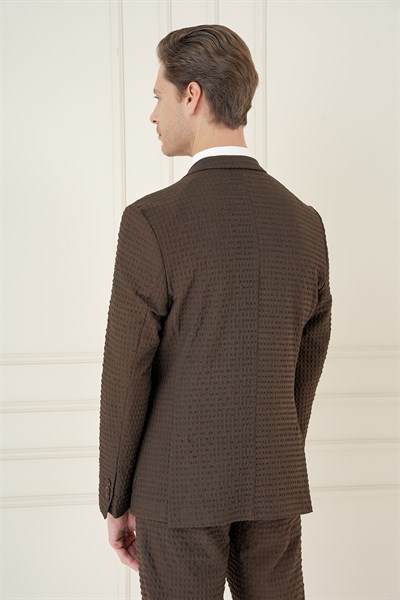 Slim Fit Torba Cep Esnek Pamuklu Gofre Kumaş Kakao Ceket C 695