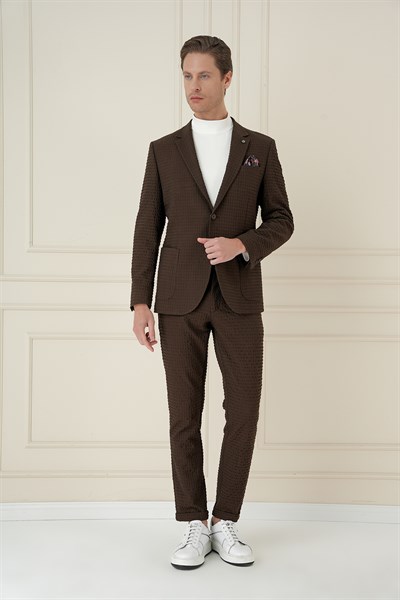 Slim Fit Torba Cep Esnek Pamuklu Gofre Kumaş Kakao Ceket C 695