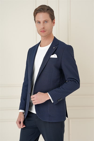 Slim Fit Torba Cep Esnek Pamuklu Gofre Kumaş Lacivert Ceket C 695