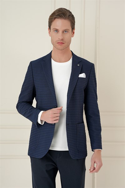 Slim Fit Torba Cep Esnek Pamuklu Gofre Kumaş Lacivert Ceket C 695