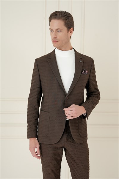 Slim Fit Torba Cep Esnek Pamuklu Gofre Kumaş Kakao Ceket C 695