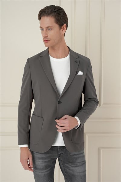 Slim Fit Torba Cep Esnek Spandex Karışımlı Düz Koyu Haki Blazer Ceket C 696