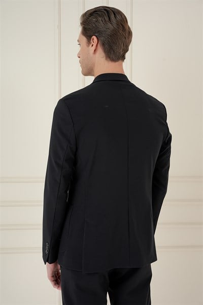Slim Fit Torba Cep Esnek Spandex Karışımlı Düz Siyah Blazer Ceket C 696