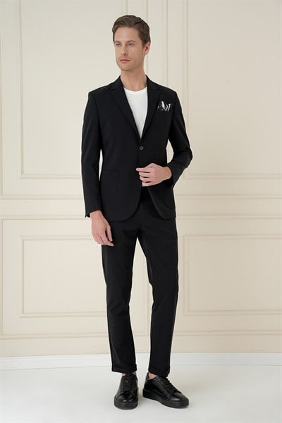 Slim Fit Torba Cep Esnek Spandex Karışımlı Düz Siyah Blazer Ceket C 696