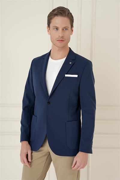Slim Fit Torba Cep Esnek Spandex Karışımlı Düz Lacivert Blazer Ceket C 696
