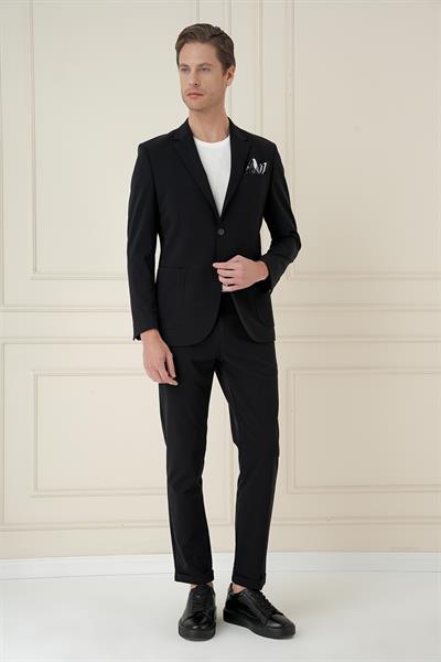 Slim Fit Torba Cep Esnek Spandex Karışımlı Düz Siyah Blazer Ceket C 696