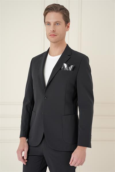 Slim Fit Torba Cep Esnek Spandex Karışımlı Düz Siyah Blazer Ceket C 696