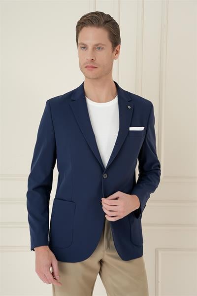 Slim Fit Torba Cep Esnek Spandex Karışımlı Düz Lacivert Blazer Ceket C 696