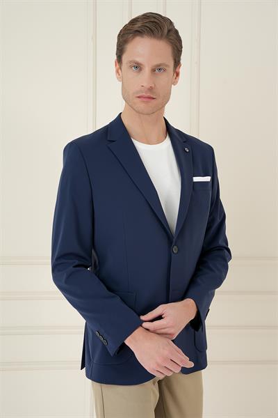 Slim Fit Torba Cep Esnek Spandex Karışımlı Düz Lacivert Blazer Ceket C 696