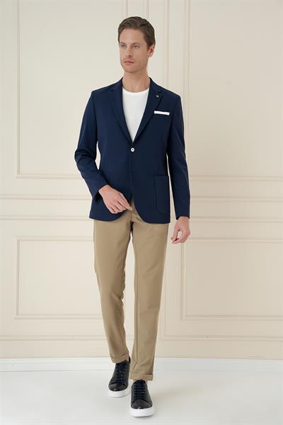 Slim Fit Torba Cep Esnek Spandex Karışımlı Düz Lacivert Blazer Ceket C 696