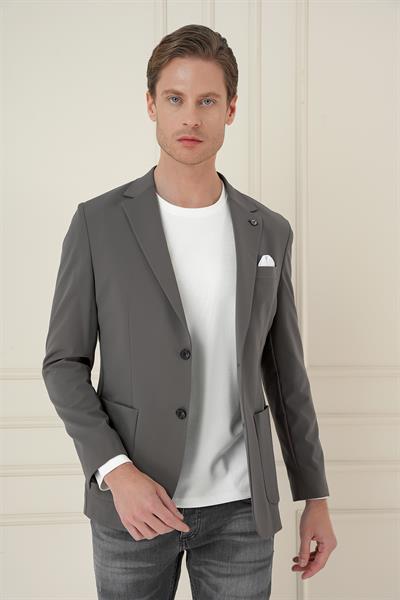 Slim Fit Torba Cep Esnek Spandex Karışımlı Düz Koyu Haki Blazer Ceket C 696