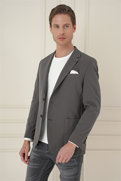 Slim Fit Torba Cep Esnek Spandex Karışımlı Düz Koyu Haki Blazer Ceket C 696
