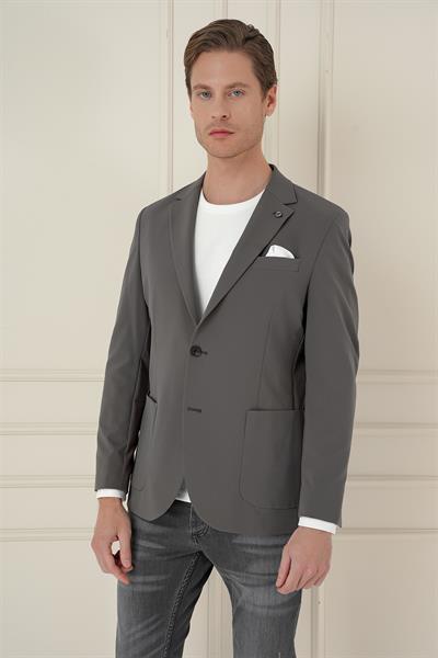 Slim Fit Torba Cep Esnek Spandex Karışımlı Düz Koyu Haki Blazer Ceket C 696