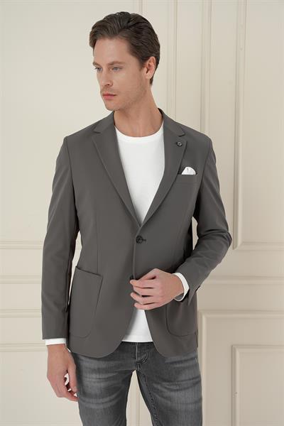Slim Fit Torba Cep Esnek Spandex Karışımlı Düz Koyu Haki Blazer Ceket C 696