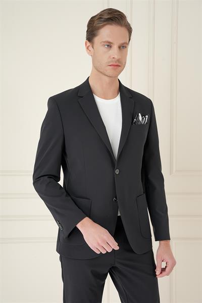 Slim Fit Torba Cep Esnek Spandex Karışımlı Düz Siyah Blazer Ceket C 696