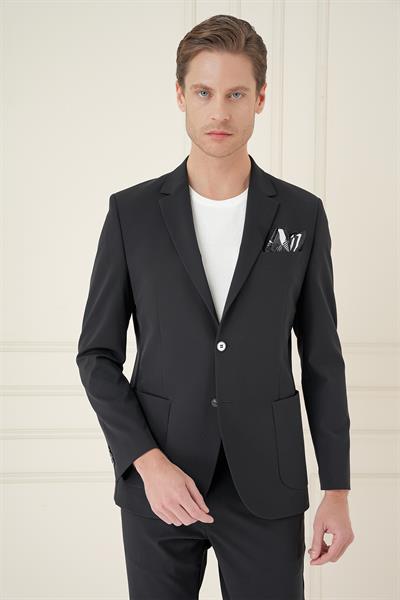 Slim Fit Torba Cep Esnek Spandex Karışımlı Düz Siyah Blazer Ceket C 696