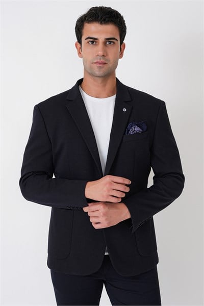 Slim Fit Torba Cep Esnek Tencel Kumaş Lacivert Ceket C 751