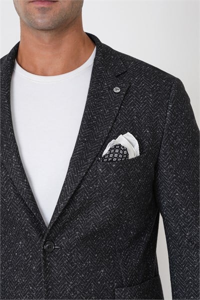 Slim Fit Torba Cep Esnek Yünlü Balıksırtı Dokuma Siyah Ceket C 750