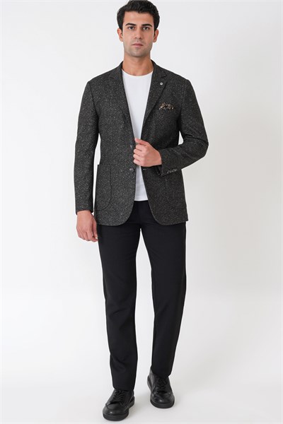Slim Fit Torba Cep Esnek Yünlü Balıksırtı Dokuma Koyu Gri Ceket C 750