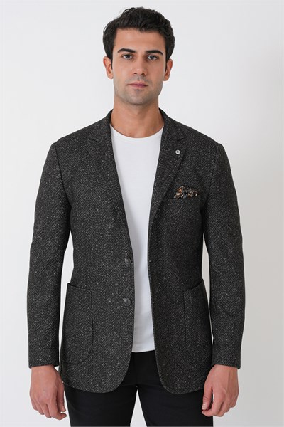 Slim Fit Torba Cep Esnek Yünlü Balıksırtı Dokuma Koyu Gri Ceket C 750
