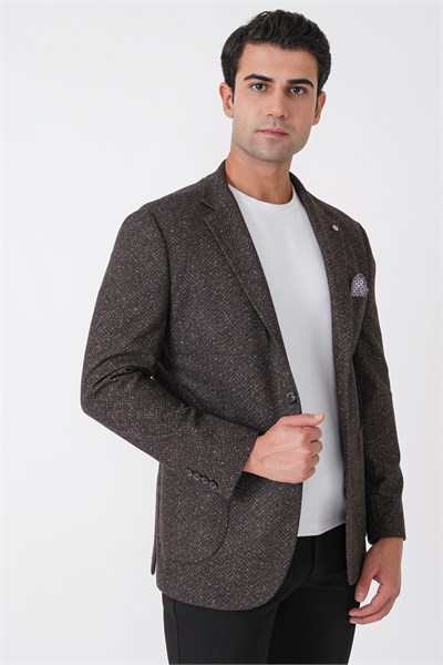 Slim Fit Torba Cep Esnek Yünlü Balıksırtı Dokuma Kahverengi Ceket C 750