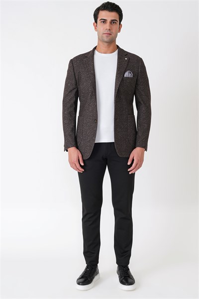 Slim Fit Torba Cep Esnek Yünlü Balıksırtı Dokuma Kahverengi Ceket C 750