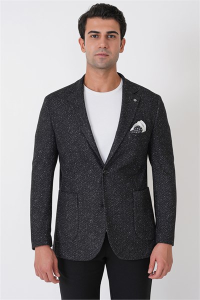 Slim Fit Torba Cep Esnek Yünlü Balıksırtı Dokuma Siyah Ceket C 750