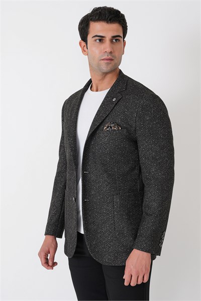 Slim Fit Torba Cep Esnek Yünlü Balıksırtı Dokuma Koyu Gri Ceket C 750