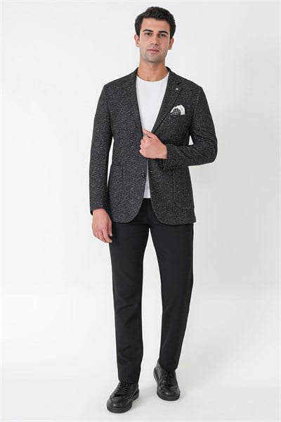 Slim Fit Torba Cep Esnek Yünlü Balıksırtı Dokuma Siyah Ceket C 750