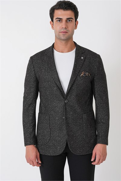 Slim Fit Torba Cep Esnek Yünlü Balıksırtı Dokuma Koyu Gri Ceket C 750