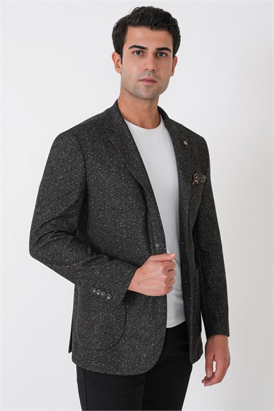 Slim Fit Torba Cep Esnek Yünlü Balıksırtı Dokuma Koyu Gri Ceket C 750