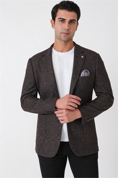 Slim Fit Torba Cep Esnek Yünlü Balıksırtı Dokuma Kahverengi Ceket C 750