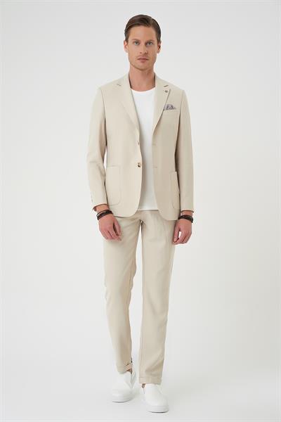Slim Fit Torba Cep Spandex Karışımlı Casual Krem Ceket C 714