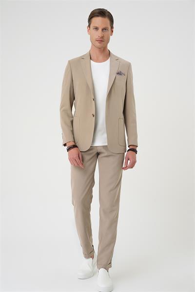 Slim Fit Torba Cep Spandex Karışımlı Esnek Bej Ceket C 714