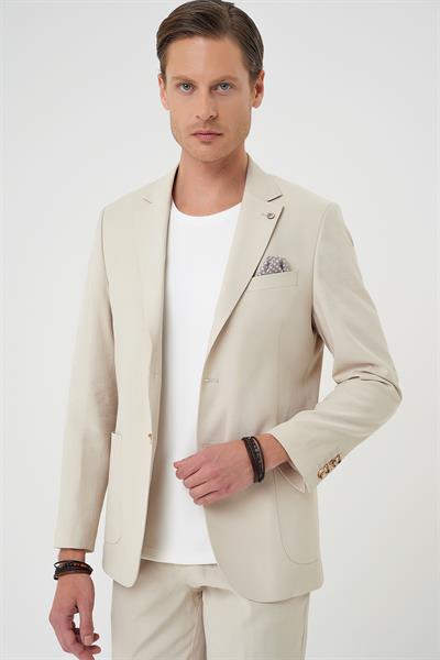Slim Fit Torba Cep Spandex Karışımlı Casual Krem Ceket C 714