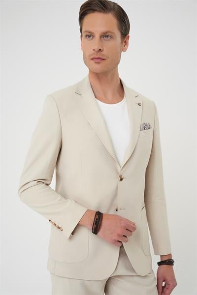 Slim Fit Torba Cep Spandex Karışımlı Casual Krem Ceket C 714