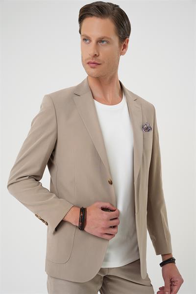 Slim Fit Torba Cep Spandex Karışımlı Esnek Bej Ceket C 714