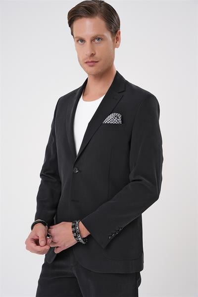 Slim Fit Torba Cep Spandex Karışımlı Casual Siyah Ceket C 714