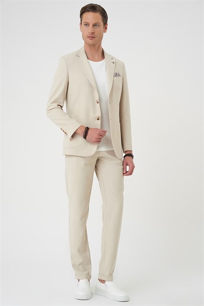 Slim Fit Torba Cep Spandex Karışımlı Esnek Krem Ceket C 714