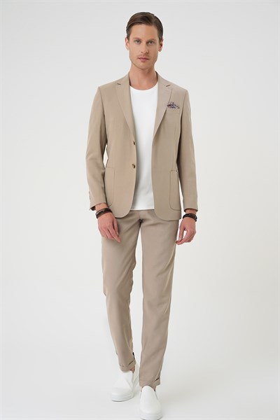 Slim Fit Torba Cep Spandex Karışımlı Esnek Bej Ceket C 714