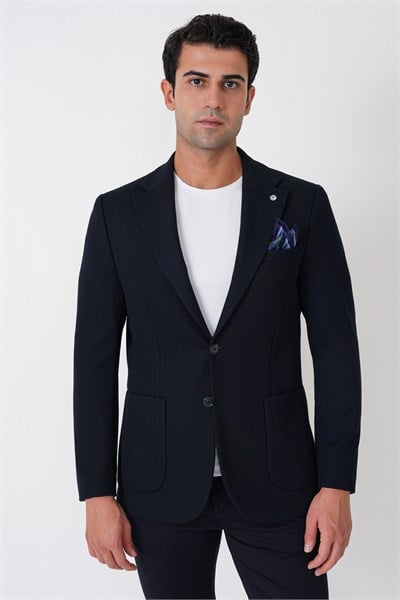 Slim Fit Torba Cepli Esnek Yünlü Lacivert Ceket C 745