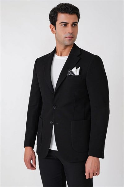Slim Fit Torba Cepli Esnek Yünlü Siyah Ceket C 745